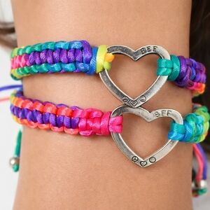 Set of 2 BFF Silver tone Heart Rainbow Friendship Adjustable Bracelets for Kids